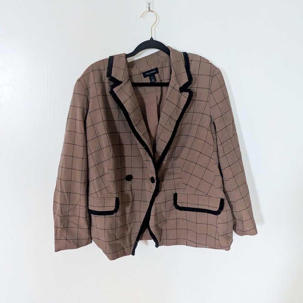 Halogen Windowpane Fringe Trim Double Breasted Blazer